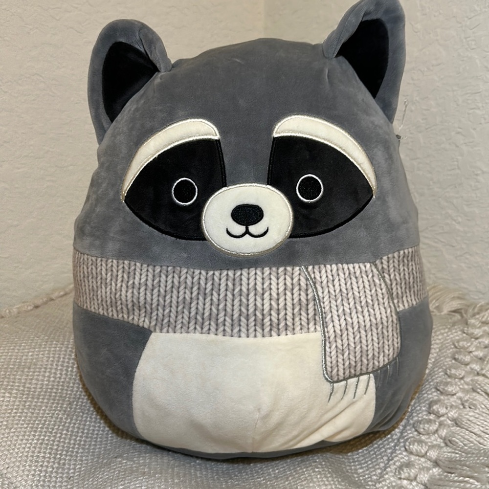 Raccoon squishmallow with scarf